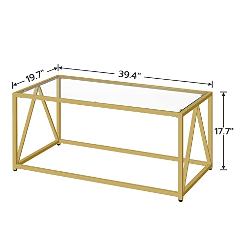 HOOBRO Gold Glass Coffee Table - Modern 1-Layer Center Table for Living Room & Office