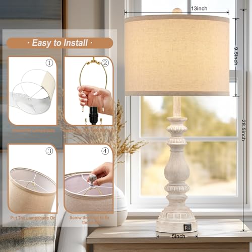 Farmhouse Table Lamps Set of 2 - 28.5in Rustic White Bedroom Nightstand Lamps with USB C+A, Rotary Switch, No Bulbs