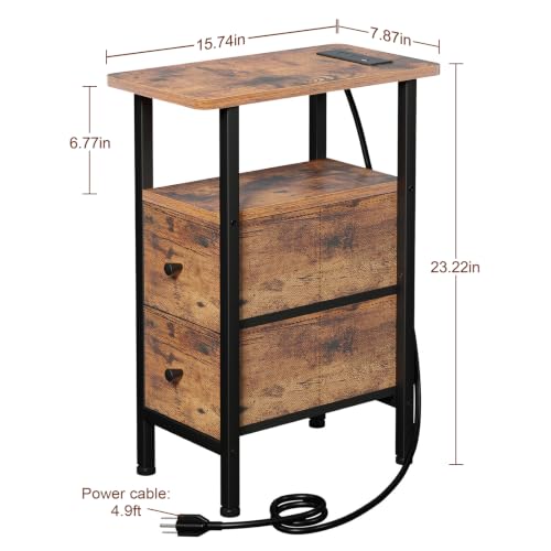 LOAKEKEL Rustic Brown Nightstand with Charging Station & LED Light - Narrow End Table for Living Room