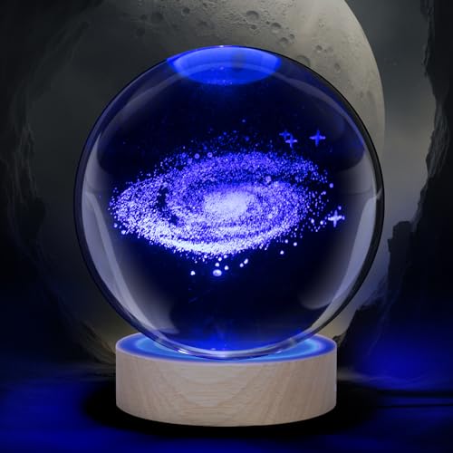Large 3D Galactic System Crystal Ball Lamp, 3.15 inch Crystal Lamp 7 Color Changing Night Light with Wooden Base for Bedroom Decor, Clear Glass Ball Light, Science Gifts for Adults Kids