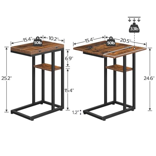 HOOBRO Foldable C Shaped End Table with Storage Shelf - Rustic Brown & Black, 15.4''L x 10.2''W x 25.2''H