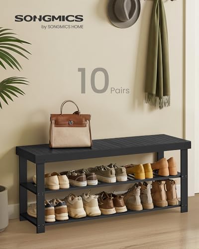 Shoe Rack Bench 3-Tier Bamboo Entryway Storage, 42.9W In Black