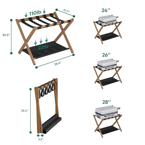 Smuxee Walnut Bamboo Foldable Luggage Rack with Storage Shelf for Guest Room & Hotel – 1 Pack