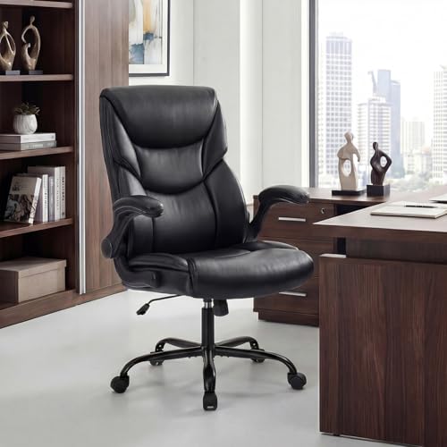 OLIXIS Black PU Leather Ergonomic Office Desk Chair with Flip-up Armrests