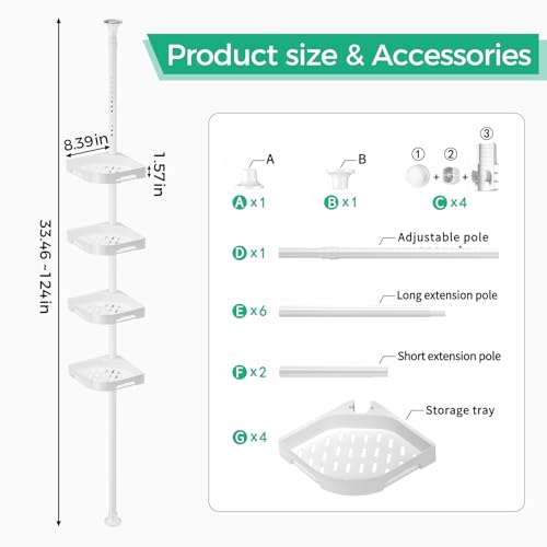 White 4-Tier Corner Shower Caddy Tension Pole Organizer - Adjustable & Rustproof
