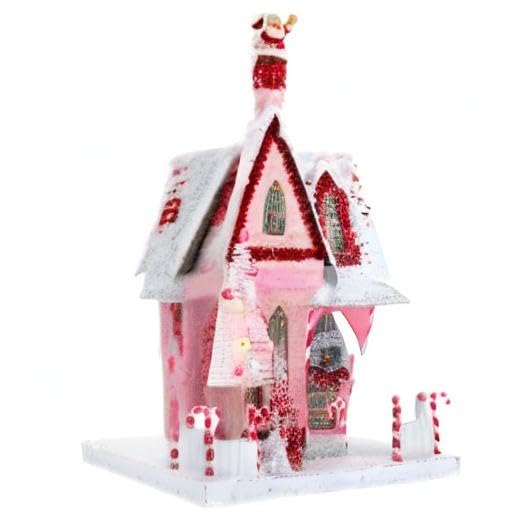 Cody Foster & Co Christmas Village Cottage 14in Red & Pink Holiday House with Santa