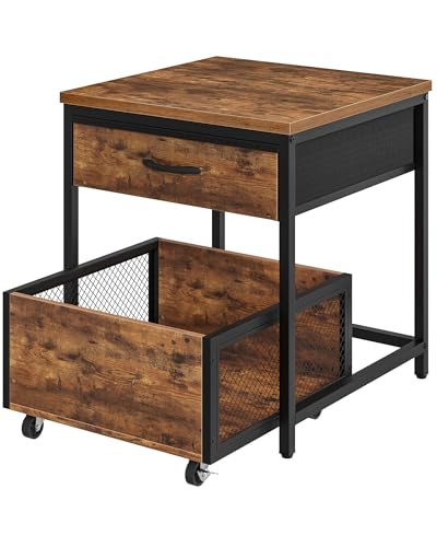 End Table with Storage and Mobile Basket - Rustic Brown & Black, 19.7 Inch Square