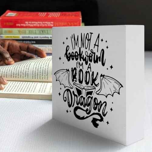 Book Lover Decor Wooden Box Sign, Reader Bookworm Bookish Desk Decoration Home Bedroom Office Bookshelf Decor, I'm A Book Dragon, Book Lover Nerd Librarian Gifts for Teens Women Men, White