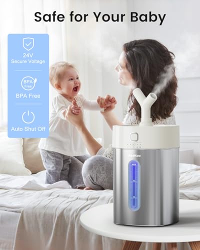 Feekaa 4L Stainless Steel Humidifier - Easy Clean, Dishwasher Safe, Large Room, White