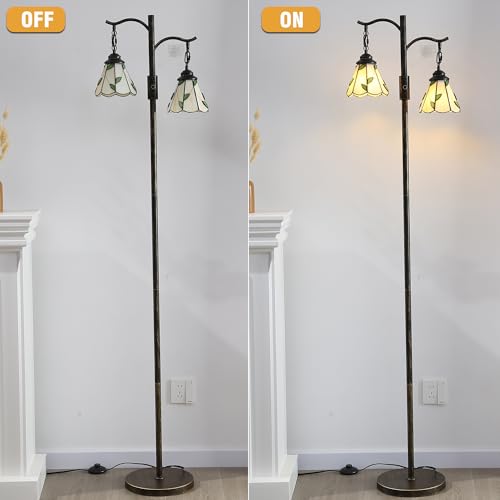 Vintage Dimmable Floor Lamp with 2 Tiffany Shades - 65 inch Bronze Standing Light