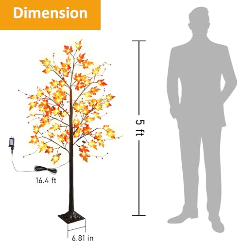 FORUP 5FT Lighted Maple Tree with LEDs Autumn Fall Decor for Thanksgiving & Halloween