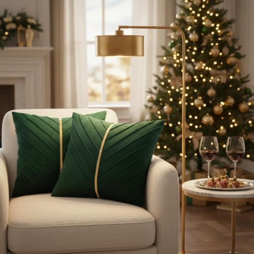 Dark Green Velvet Pillow Covers 20x20 Inch Pack of 2 with Gold Accents - Tosleo