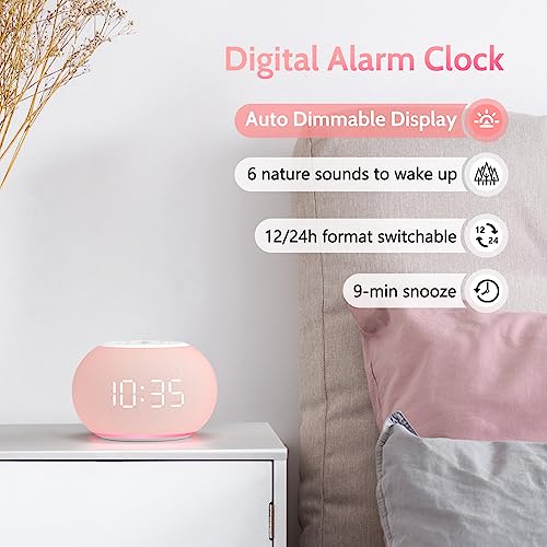 Pink Auto Dimmable Sound Machine Alarm Clock with Night Light for Girls