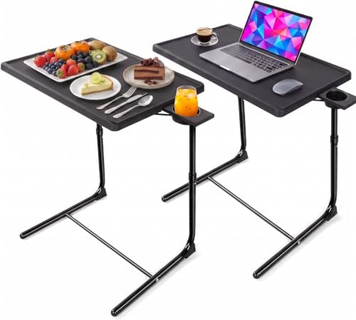 HUANUO Adjustable TV Trays Set of 2 with Cupholder, Height & Tilt Adjustable, Black