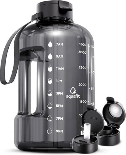 AQUAFIT 1 Gallon Water Bottle with Time Markers, Gray, 128oz, 2 Leak-Proof Lids