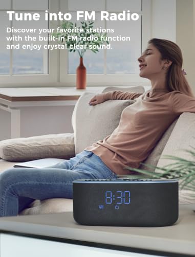 Odokee Qi Certified Wireless Charging Alarm Clock with Bluetooth Radio - Black with Blue Digits