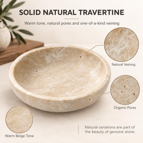 Beige Travertine Catchall Bowl - 7.87-Inch Decorative Jewelry & Key Dish