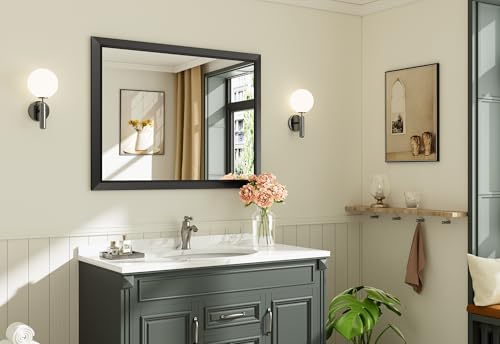 Briivue 40x30 Inch Black Metal Framed Bathroom Wall Mirror - Modern Beveled Design