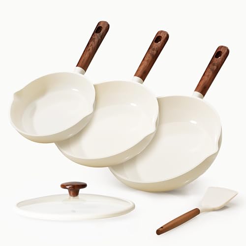 CAROTE Nonstick Frying Pan Set 8", 9.5", 11" Ceramic Coating Skillets with Lid & Spatula