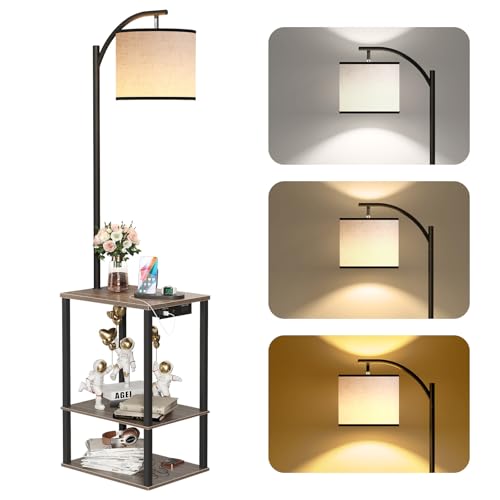 SUNMORY Grey Oak Floor Lamp with Shelves & USB Charging Station – Modern Living Room Light