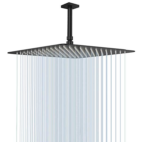 NearMoon 16 Inch Matte Black Square Rain Shower Head High Flow Stainless Steel Ceiling or Wall Mount
