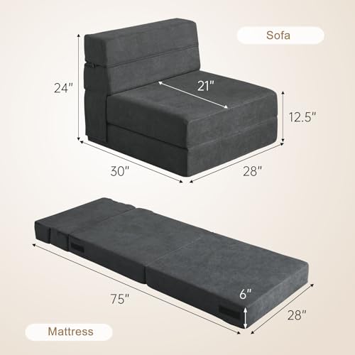Dark Gray Folding Sofa Bed Single Size with Pillow - Convertible Floor Couch & Sleeper Chair