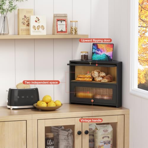 Goozii Black Corner Bread Box with Double Layer Roll-Top Design - Space-Saving Kitchen Storage