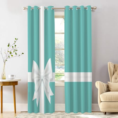Shrahala 2-Pack White Turquoise Blackout Curtains 52x84 in Grommet Top Thermal Room Darkening