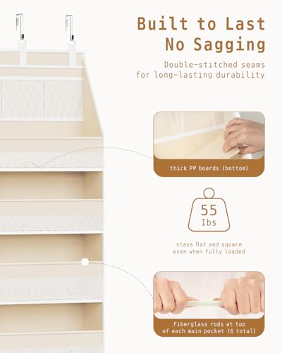 Beige Over The Door Organizer with 6 Large Pockets & 13 Mesh Side Pockets