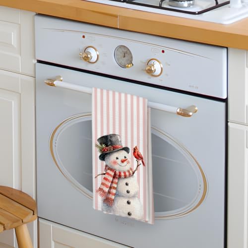Preppy Christmas Cardinal Snowman Kitchen Hand Towels - Pink, 16x24 in