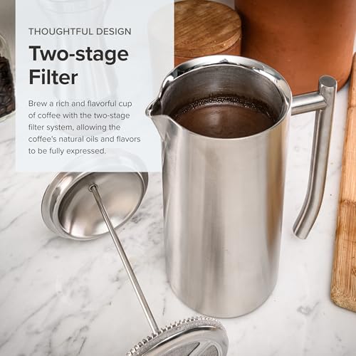 Frieling 17 oz Brushed Stainless Steel Double-Wall Insulated French Press - Travel & Camping Coffee Maker