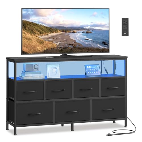 SONGMICS Dresser with App-Controlled LED Lights, 7 Fabric Drawers, Ink Black, 44.8W x 11.8D x 26.8H