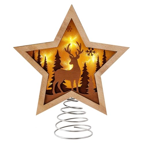 Christmas Star Tree Topper, Rustic Reindeer Wooden Toppers with Warm