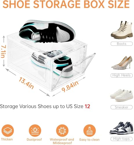 Large Clear Shoe Storage Box Set - 12 Pack, Stackable Shoe Organizer with Magnetic Door, Fits US Size 12, Display & Storage