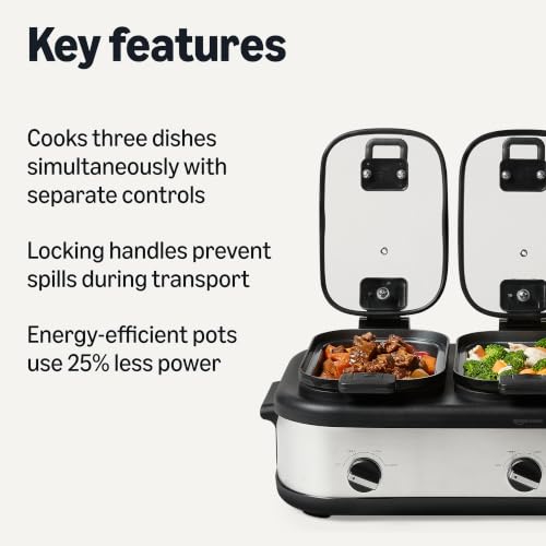 Amazon Basics Triple Slow Cooker with Ceramic Nonstick Coating,