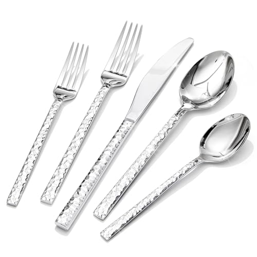 Silver Hammered Flatware Set for 12 - 60 Pieces Stainless Steel Cutlery