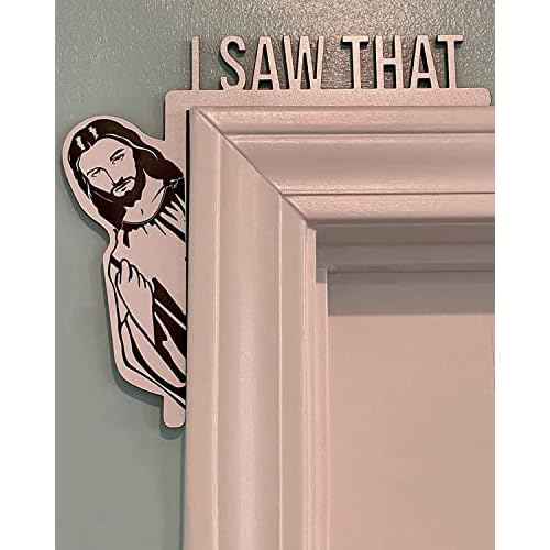 Creative Door Corner Decor, Wood Funny Door Sign Jesus I Saw That, Bless This Home Wall Decor, Frame Corner Decoration for Mirror Cabinet Drawer Furniture (8.5 x 7.8inch, Left)