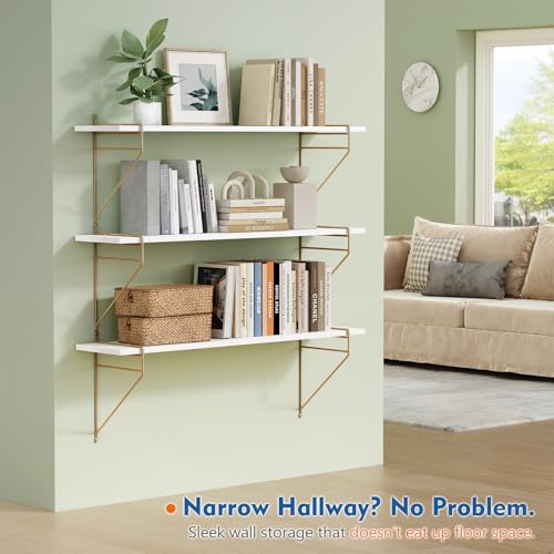 36 Inch Floating Wall Shelves with Gold Rail - White and Gold Book Storage