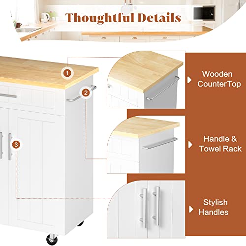 White 26-Inch Rolling Kitchen Island Cart with Drawer & Shelves