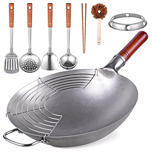 13.4-Inch Carbon Steel Traditional Hand Hammered Wok - Round Bottom Cooking Pan