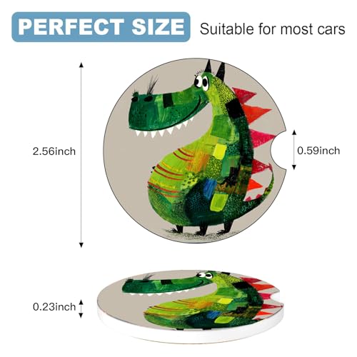 Ceramic Car Cup Holder Coasters Set of 2, 2.56 in Green Dinosaur