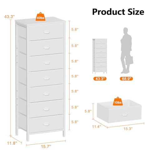 White Tall Dresser with 7 Fabric Drawers for Bedroom Storage - 11.8"D x 15.8"W x 43.3"H