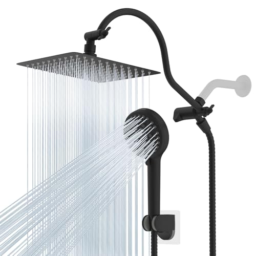 Hibbent 10-Inch Square Matte Black Rainfall Shower Head & Handheld Combo, cUPC Certified