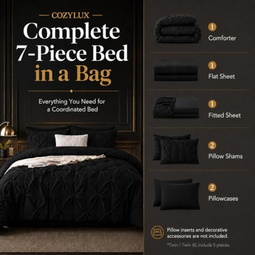 CozyLux Queen Comforter Set Black - 7-Piece Bed in a Bag, All-Season Microfiber