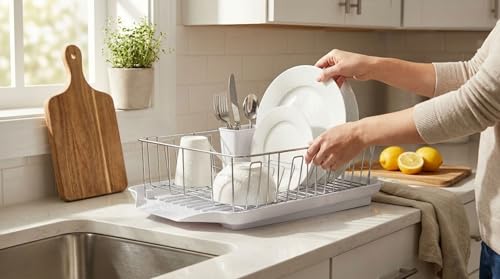 Farberware Classic Large Rust-Resistant Dish Rack Set with Removable Flatware Caddy - White / Dish Rack Set