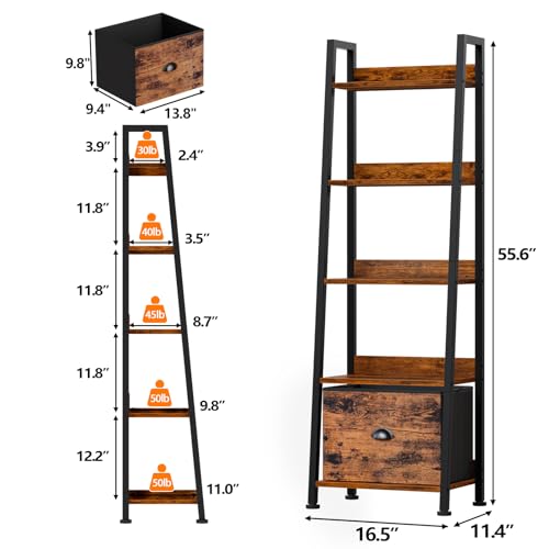 Furologee Rustic Brown 5-Tier Ladder Shelf with Fabric Drawer - Space-Saving Storage