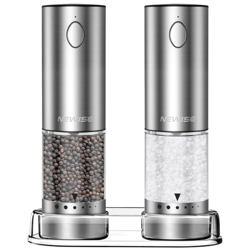 Newise Rechargeable Salt and Pepper Grinder Set, Silver with Clear Acrylic Base, 95ml Capacity