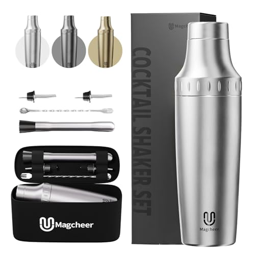 Magcheer Silver Hybrid Cocktail Shaker Set - Vacuum Insulated 30oz with Strainer & Jigger - Travel Bartender Kit