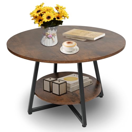Rustic Brown 2-Tier Round Coffee Table with Storage - Modern Wooden Center Table for Living Room & Small Spaces