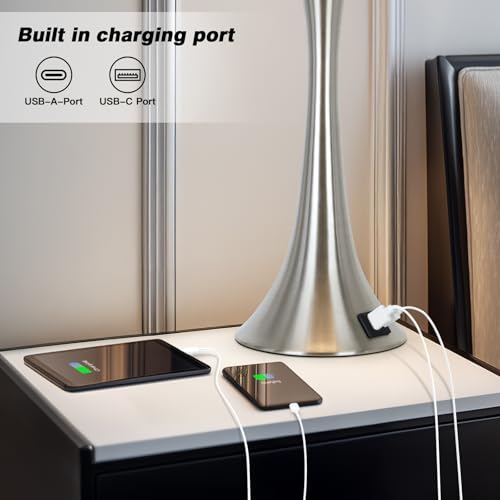 Rinweey 27.5" Silver Set of 2 Touch Bedside Table Lamps with USB-C & A, Dimmable Nightstand Lights with Beige Shades, Bulbs Included